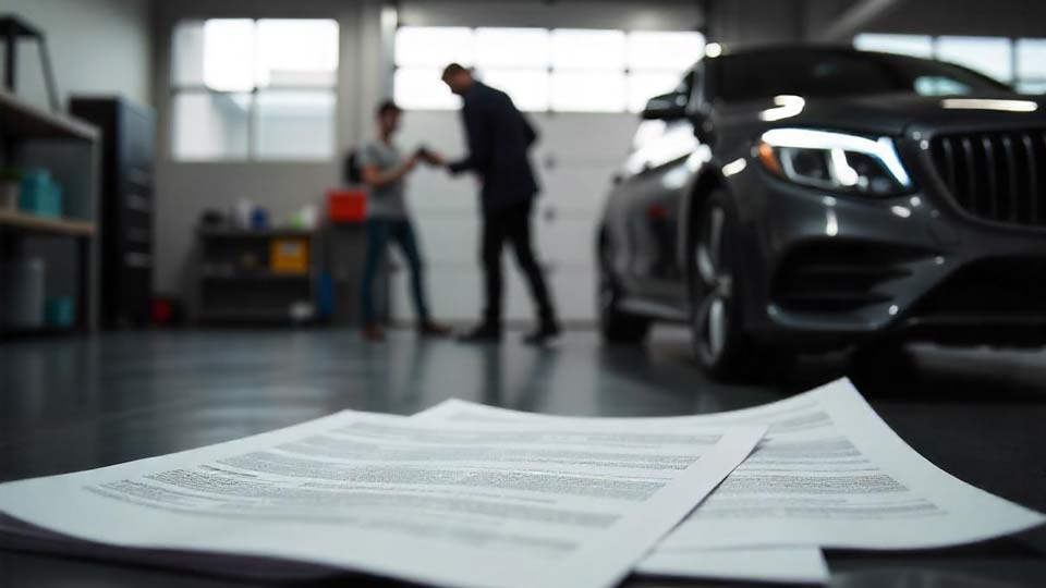 Auto mit Getriebeschaden in einer Werkstatt in Remscheid; Infografik mit Reparaturkosten und Verkauf.